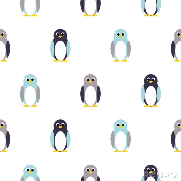 Fototapete Pinguin blau, lila auf weiß Kinder-Muster. Baby Penguin Spielzeug Vektor nahtlose Muster für Stoff drucken und Bekleidung.