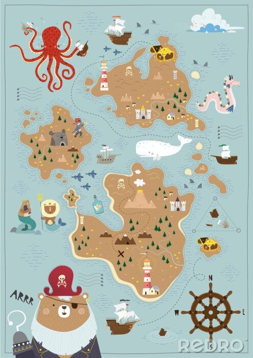 Fototapete Pirate map for children in a Scandinavian style. Vector illustration. Perfect for play room design and posters for your child's room.