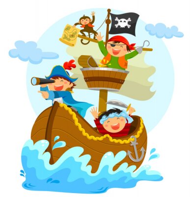 Fototapete Piraten auf Schiff mit kleinem Affen