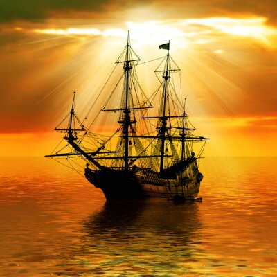 Fototapete Piraten-Segelschiff bei Sonnenuntergang