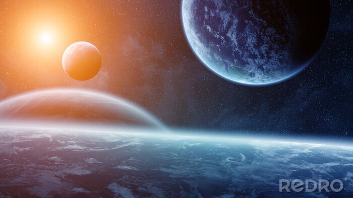Fototapete Planeten 3D vor Sonnenaufgang
