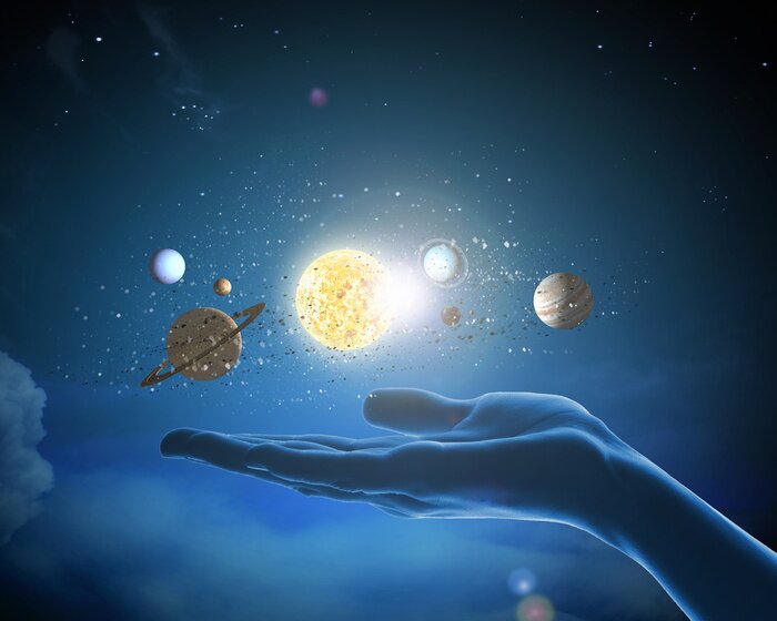 Fototapete Planeten des Sonnensystems und Hand