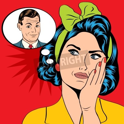 Fototapete Pop-Art-Frau denkt an einen Mann