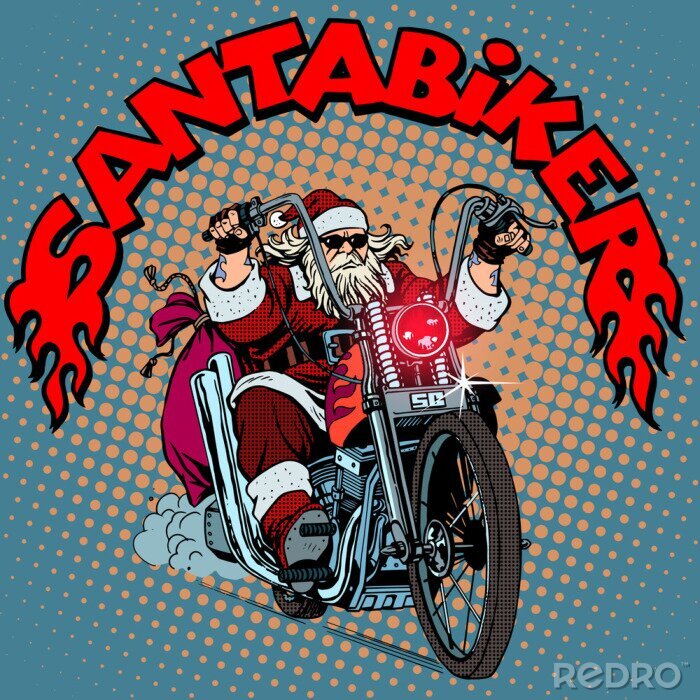 Fototapete Pop-Art-Weihnachtsmann auf dem Motorrad