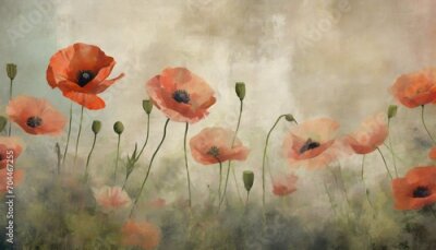 Fototapete poppies flowers illustration poppies painted on the grunge wall beautiful design for postcard picture mural wallpaper photo wallpaper