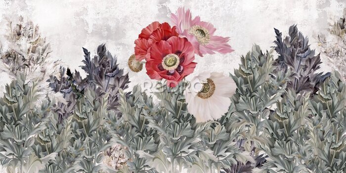 Fototapete Poppies flowers illustration. Poppies painted on the grunge wall. Beautiful design for postcard, picture, mural, wallpaper, photo wallpaper.