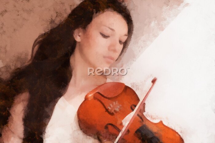 Fototapete Portrait einer jungen Frau, die Violine spielt, gezeichnet Ölfarben.