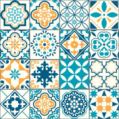 Portuguese or Spanish Azujelo vector seamless tiles design - Lisbon retro truquoise and yellow pattern, tile big collection 	