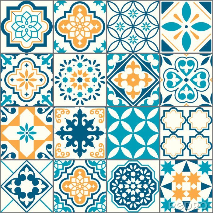 Fototapete Portuguese or Spanish Azujelo vector seamless tiles design - Lisbon retro truquoise and yellow pattern, tile big collection 	