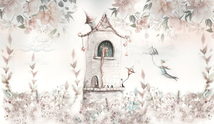 Fototapete Princess in the tower with floral background. Wallpaper for kids. Mural, art backgronud. 