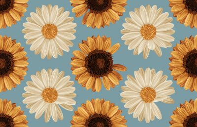 Printable seamless vintage autumn repeat pattern background with daisies and sunflowers. Botanical wallpaper, raster illustration in super High resolution.