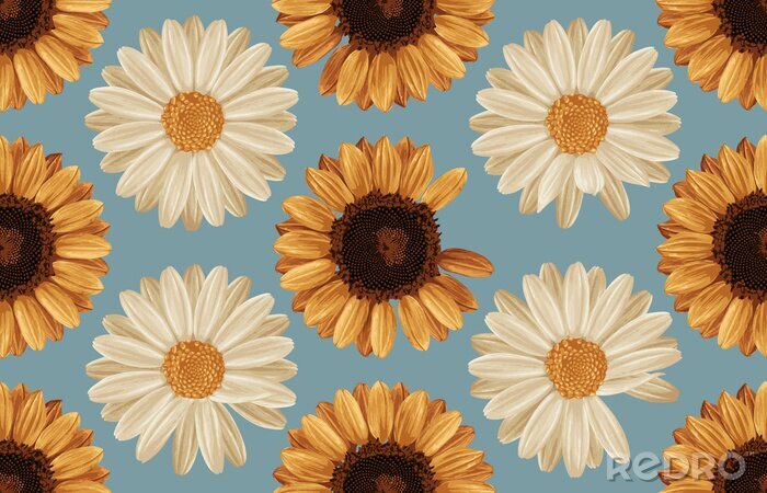 Fototapete Printable seamless vintage autumn repeat pattern background with daisies and sunflowers. Botanical wallpaper, raster illustration in super High resolution.