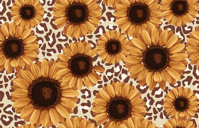Fototapete Printable seamless vintage autumn repeat pattern background with sunflowers. Botanical wallpaper, raster illustration in super High resolution.