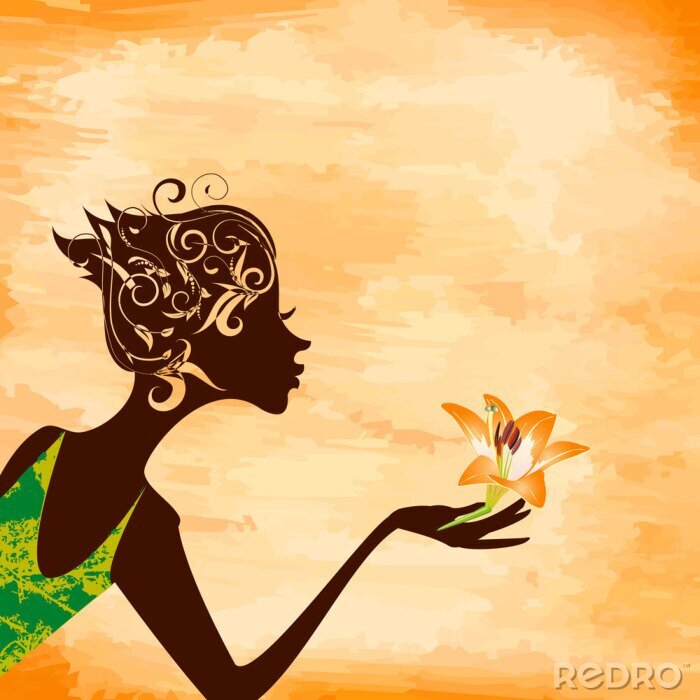 Fototapete Profil eines Mädchens mit einer Blume auf Grunge-Hintergrund