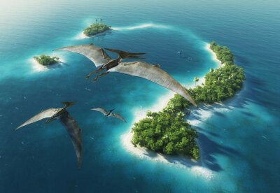Pterosaurier fliegen über einer wilden Insel