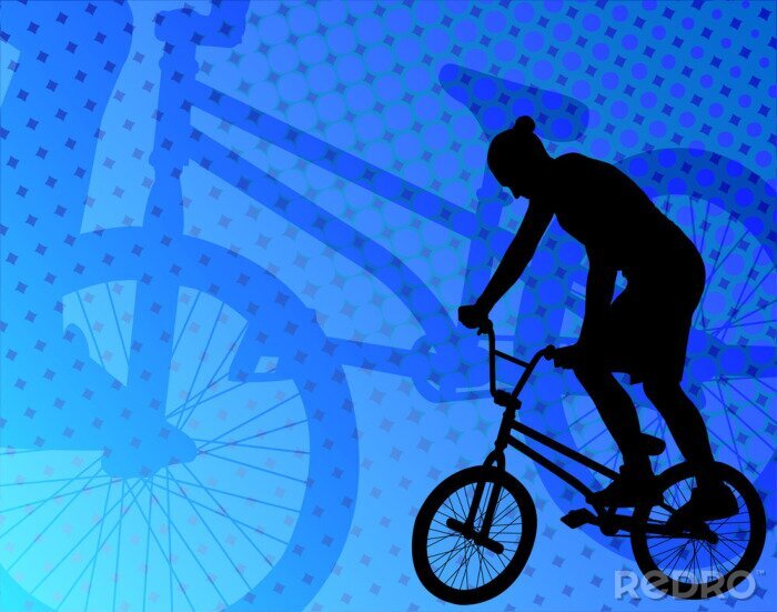 Fototapete Radfahrer auf einem Fahrrad und blauer Hintergrund