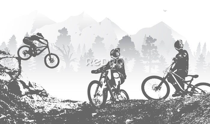 Fototapete Radfahrer auf einer Bergstrecke monochrome Grafik