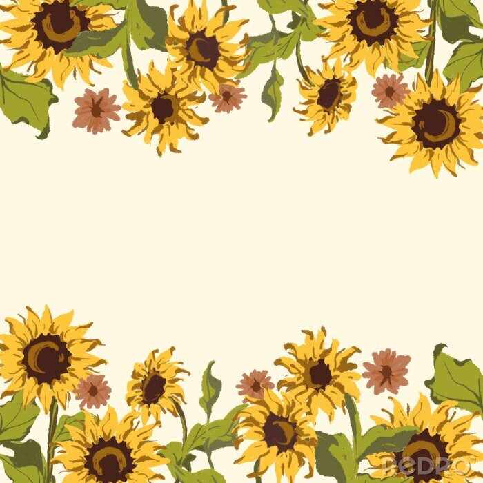 Fototapete Rahmen aus grafischen Sonnenblumen