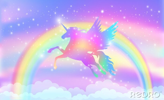 Fototapete Rainbow background with winged unicorn silhouette with stars.