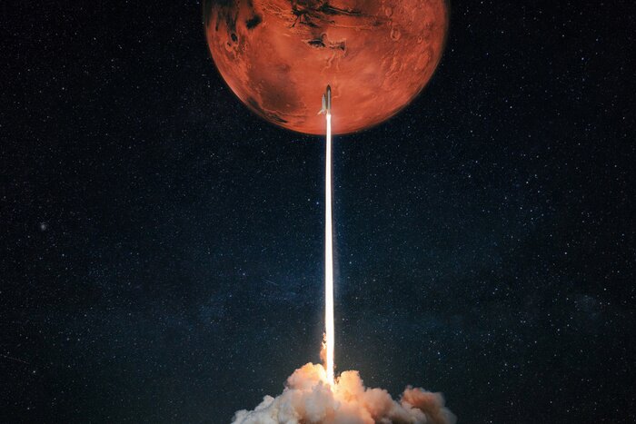 Fototapete Rakete startet zum Planeten Mars