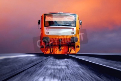 Fototapete Rasender orangenfarbener Zug 3D