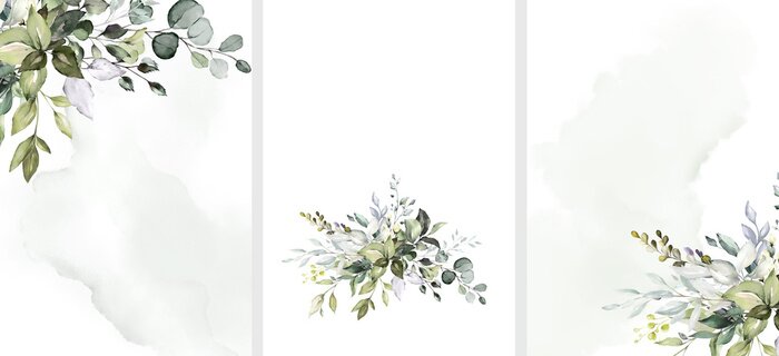 Fototapete Ready to use Card. Herbal Watercolor invitation design with leaves. flower and watercolor background. floral elements, botanic watercolor illustration. Template for wedding.   frame