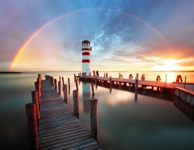 Fototapete Regenbogen über Leuchtturm