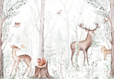 Fototapete Reh und Hirsch in einem malerischen Wald