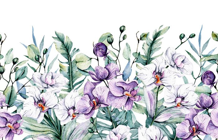 Fototapete Repeating pattern border with watercolor flowers orchids and leaves. Tropical design for wedding stationary, greeting card, fashion, background, postcard etc. Hand painting. 