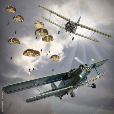 Fototapete Retro-Doppeldecker und Fallschirmspringer