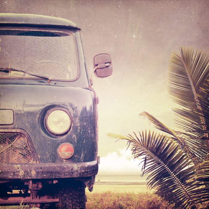 Fototapete Retro Fahrzeug und Blätter