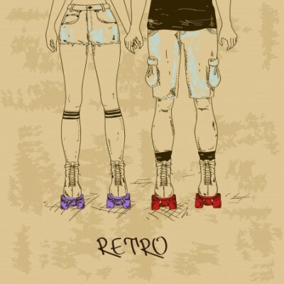 Fototapete Retro illustration with girl and boy holding hands on roller skates