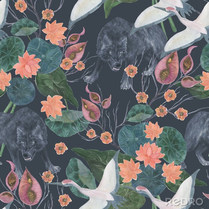 Fototapete Retro-Kräne und Pflanzen