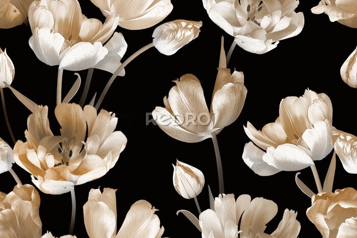 Fototapete Retro-Muster mit Tulpen auf schwarzem Hintergrund