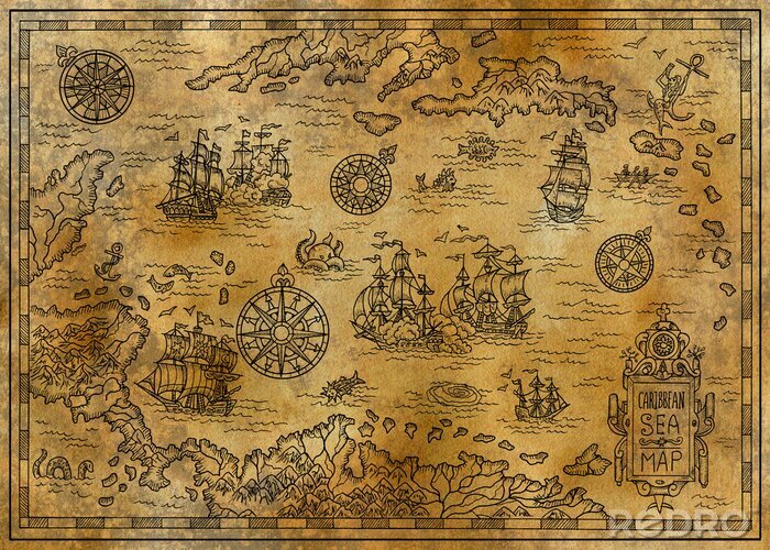 Fototapete Retro-Seekarte mit Schiffen und Fantasiemotiven