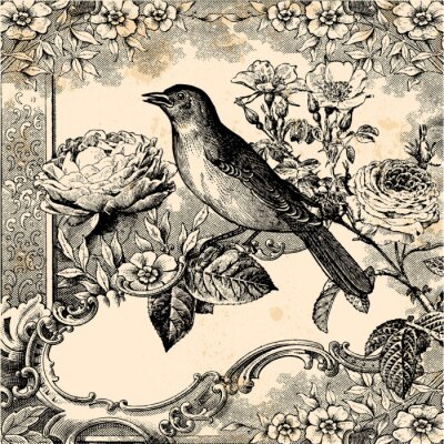 Fototapete Retro-Zeichnung mit einem singenden Vogel