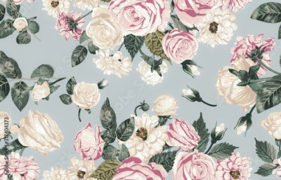 Fototapete Romantische rosa und beige Blumen auf blauem Hintergrund