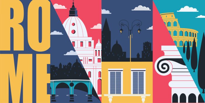 Fototapete Rome, Italy vector skyline illustration, postcard. Travel to Italy modern flat graphic design