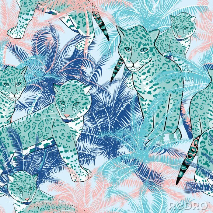 Fototapete Rosa-blaues Motiv mit Dschungel
