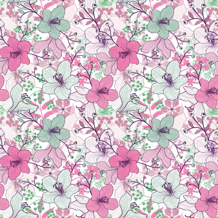 Fototapete Rosa-blaues Muster mit Orchideen und Blättern