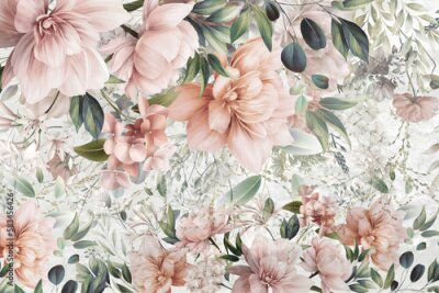 Fototapete Rosa Blumen zwischen grünen Blättern