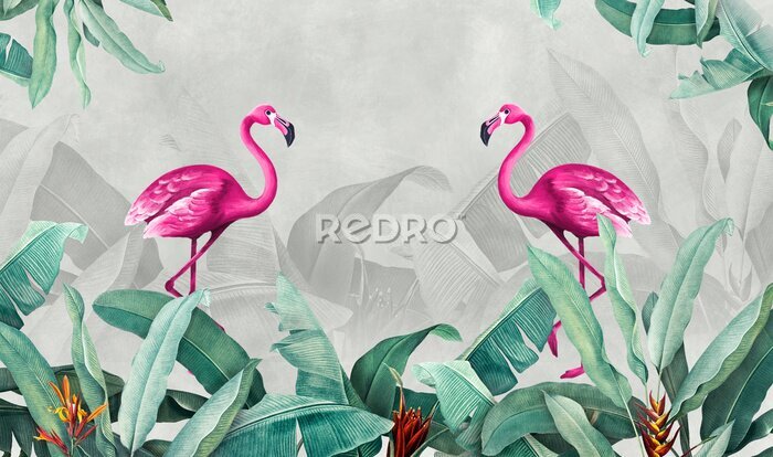 Fototapete Rosa Flamingos inmitten von Blättern auf grauem Hintergrund