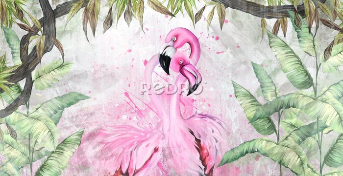 Fototapete Rosa Flamingos inmitten von großen tropischen Blättern