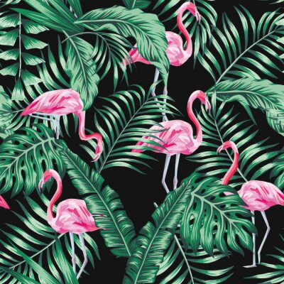 Rosa Flamingos und Blätter auf schwarzem Hintergrund