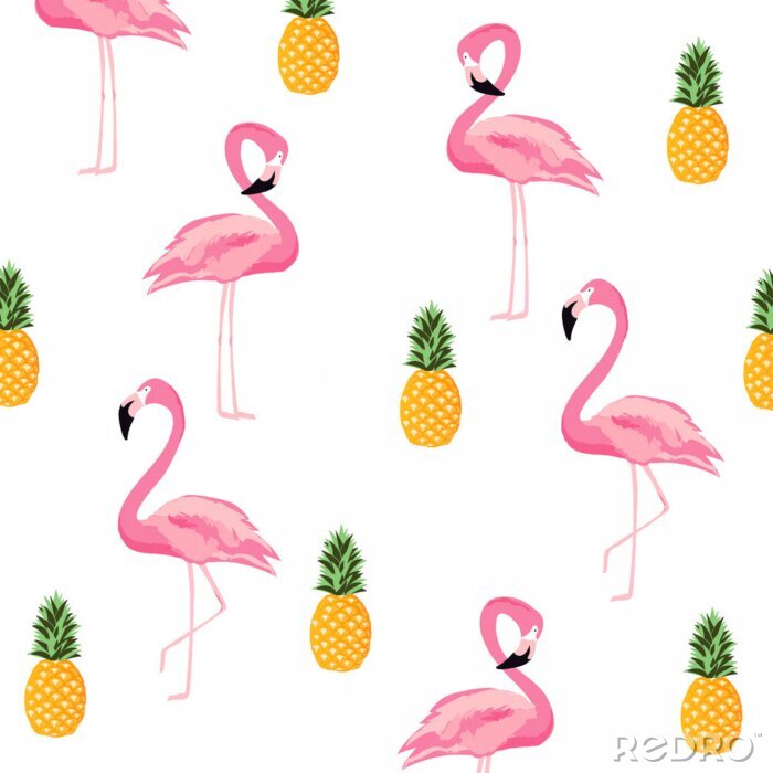 Fototapete Rosa Flamingos und gelbe Ananas