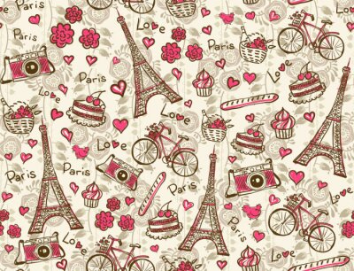 Fototapete Rosa Muster mit Symbolen von Paris