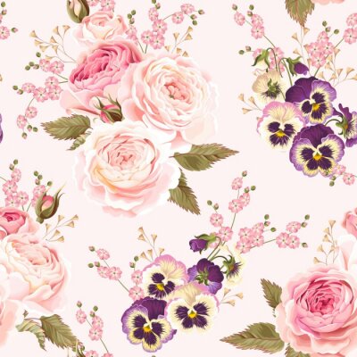 Rosa Rosen und violette Veilchen