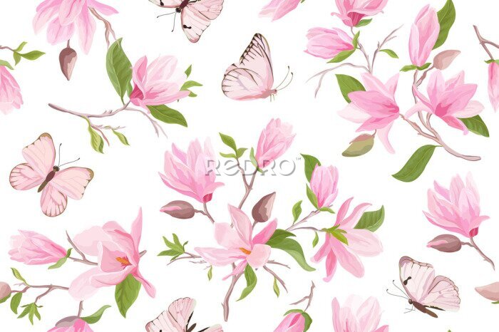 Fototapete Rosa Schmetterlinge inmitten von Magnolienblüten