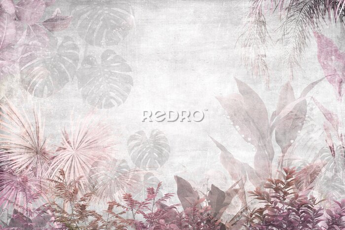 Fototapete Rosa und graue tropische Pflanzen auf Betongrund