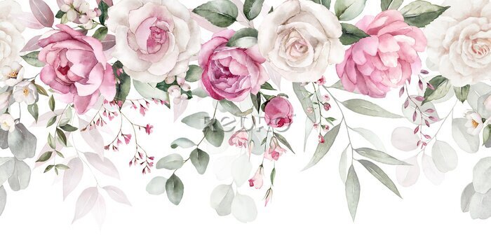 Fototapete Rosa und weiße Rosenblüten auf einer Girlande